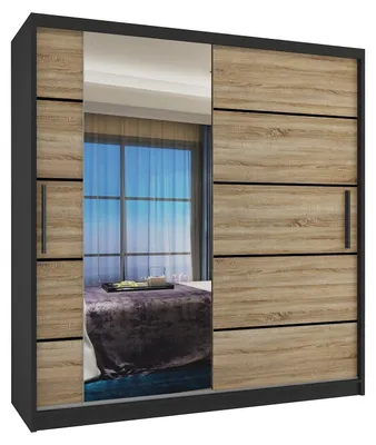 Produktbild von BELINI Verona MBP Schiebetürenschrank 158 cm Schwarz/Sonoma Eiche Matt - Kleiderschrank mit Spiegel & 2 Schubladen, Schlafzimmer