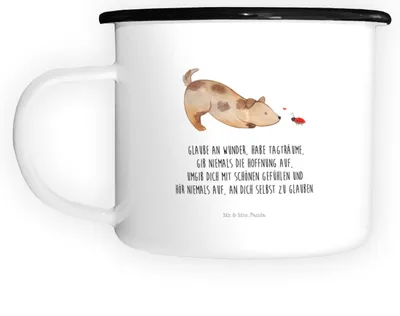Produktbild von Mr. & Mrs. Panda Emaille Tasse Hund Marienkäfer - Weiß - Geschenk, Sprüche, Große, Mischlinghund, Hunde, Zuversichtlich, Haferl, Camping, Positiv, Pott, Teetasse