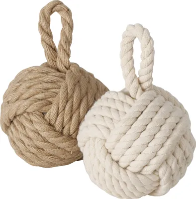 Produktbild von Türstopper Jute Knoten 2er Set in creme und beige - 14 cm - Türpuffer Kugel aus Strick im maritimen Design - Deko Seilknoten Türbremse Fensterstopper Klemmschutz Tür Fenster Stopper nautischer Look