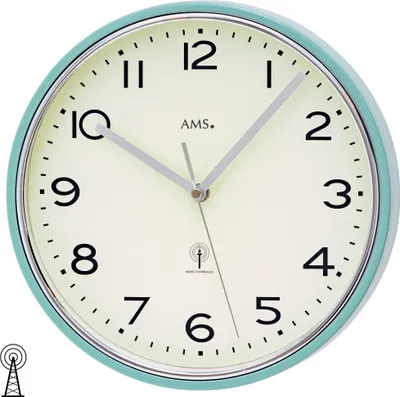 Produktbild von AMS 5508 Wanduhr Funk Funkwanduhr analog silbern türkis rund