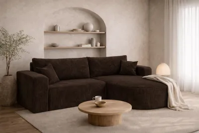 Image de Canapé d'angle avec fonction couchage, tissu velours côtelé Poso, marron, version droite, ROUND ONE