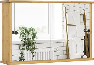 Image de Miroir mural décoratif Famanu avec espace de rangement - Imperméable - Marron - Bambou