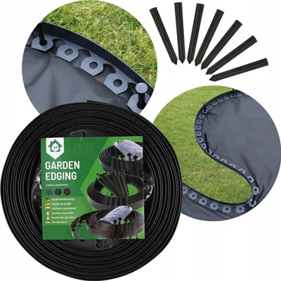 A collage of images showing black garden edging, stakes, and packaging.