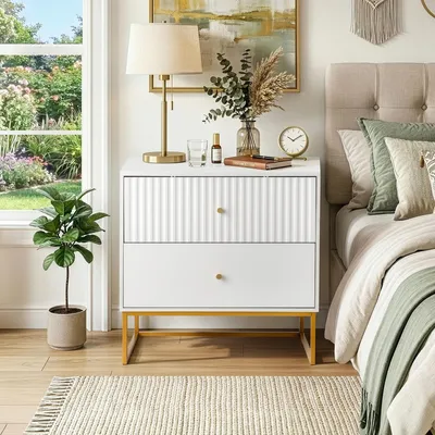 Produktbild von FCH Nachttisch mit 2 Schubladen, Modern Nachtkästchen für Schlafzimmer, Wohnzimmer, 70x46x49cm, Weiß und Gold