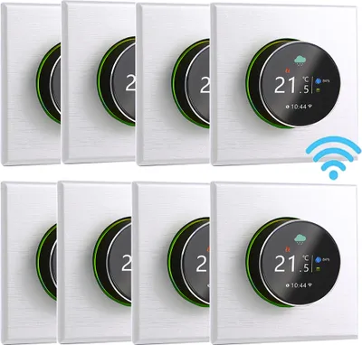 A collage of smart thermostats, some showing a digital display with weather and temperature information, and a Wi-Fi symbol.