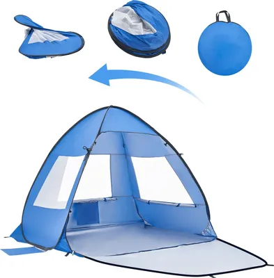 Produktbild von SucceBuy Strandmuschel Sonnenschutz für 2 Personen, UPF 50+ Schutz, Tragbares Zelt mit Tragetasche & Metallpfählen, Kompaktes Sonnendach für Camping, Angeln und Picknick