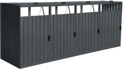 A dark grey metal trash can enclosure with multiple doors, shown from a slight angle against a white background.