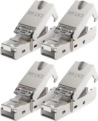 Produktbild von deleyCON 4x CAT 6a Werkzeugloser RJ45 Netzwerkstecker mit LSA Anschluss für Starre Verlegekabel Geschirmt 10 Gbit/s LAN Kabel Netzwerkkabel Stecker CAT6a Metallgehäuse