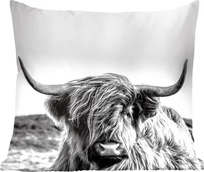 Produktbild von MuchoWow® Zierkissen Sofakissen Wohnzimmer Dekokissen 45x45 cm Kuh - Schottisches Hochlandrind - Schwarz - Weiß - Tier - Natur - Wildtiere - Schlafpolster - Polster für das Sofa