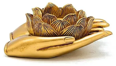 Zdjęcie produktu dla Świecznik na podgrzewacze Lotus Hands w kolorze złotym - zestaw 2 szt. - 11,5 x 9,4 x 4,8 cm