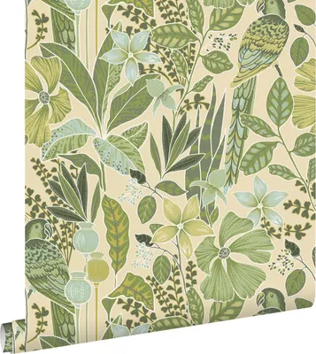 Produktbild von ESTAhome Tapete tropischen Blumen und Paradiesvögeln Graugrün 50 x 900 cm