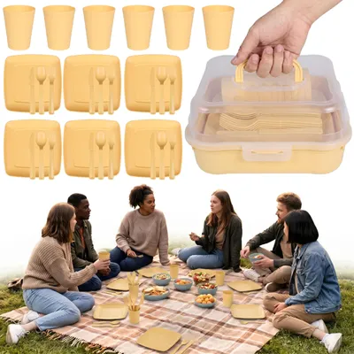 Produktbild von Gelbes Picknick-Set, komplettes Reisegeschirr-Set im Behälter, 32-teilig