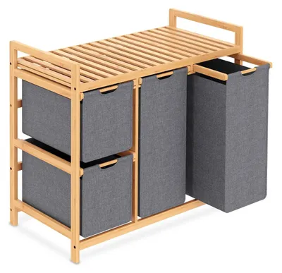 Image de Panier à linge - 3 compartiments - Sur roulettes - Bambou - Gris - 80,4 x 42 x 85,5 cm - Pour chambre et salle de bain