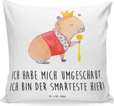 Produktbild von Mr. & Mrs. Panda Sofakissen Capybara König - Weiß - Geschenk, kissen für sofa, Polsterkissen, Lustige Sprüche, kuschelkissen 40x40