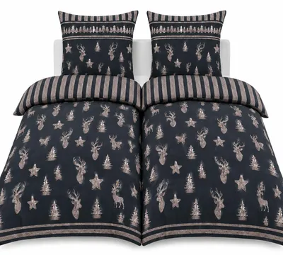 Produktbild von 4-tlg. Biber Winter Bettwäsche 2x(135x200+ 80x80cm), grau Hirsch/Sterne, Wende, 100% Baumwolle