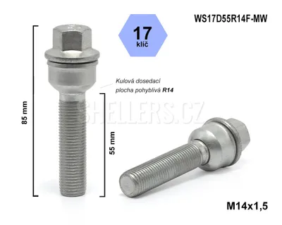 Obrázok produktu pre Skrutka kolesa M14x1,5x55 guľa R14 pohyblivá, kľúč 17, WS17D55R14F-MW, výška 85 mm