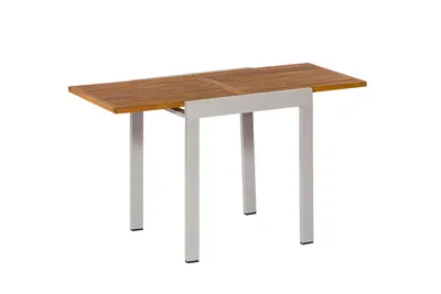 A table with a wooden top and metal legs, shown from a 3/4 angle.
