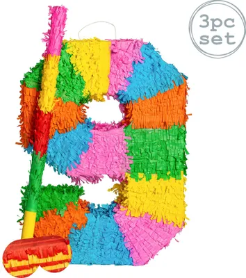 Produktbild von Fax Potato Nummer 9 Pinata Set mit Stick & Blindfold | 35 x 7,5 x 50 cm - Grün, Rot, Gelb
