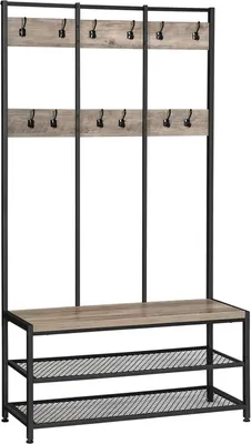 Obrázek produktu pro VASAGLE Velký věšák s pohovkou, věšák s 12 háčky na kabáty a botníkem, věšák do předsíně, kanceláře, ložnice, robustní ocelový rám