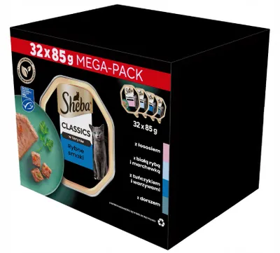 Zdjęcie produktu dla Sheba Classics Rybne Smaki w terynie - mokra karma dla dorosłych kotów z łososiem, białą rybą, marchewką i dorszem, tacka 32x85g