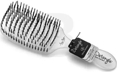A black and white image of a hairbrush on a white and light gray background.