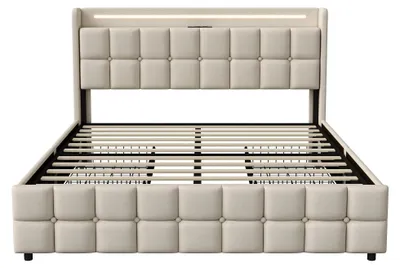 Produktbild von Polsterbett - Bettgestell 140x200 cm - LED-Kopfteil - USB-Ladeanschluss - 4 Schubladen Stauraum - Lattenrost - Leinenstoff - Beige