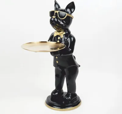 Deko Kunstharz Figur Skulpltur Hund Bulldogge mit Tablett Schwarz Gold