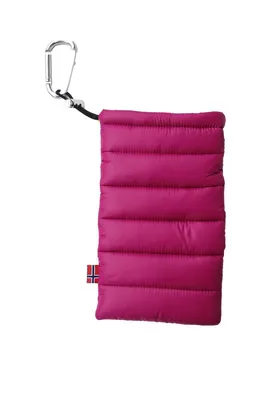 A pink quilted pouch with a carabiner clip attached.