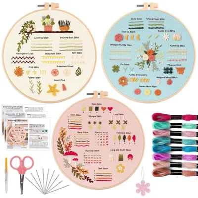 Productafbeelding van Set van 3 borduursets voor beginners met bloemenmotief, doe-het-zelf kruissteekset met accessoires