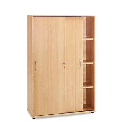 A light wood-colored cabinet with sliding doors and open shelves on the right side, isolated on a white background.