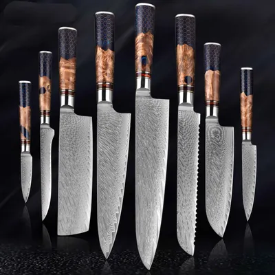 Produktbild von 8-tlg. Set Damast Küchenmesser Damast VG10 Stahl 67 Lagen, extrem scharf – extrem schön.67 Lagen Kochmesser so individuell wie Deine Rezepte und Gerichte