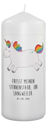 Produktbild von Mr. & Mrs. Panda Stumpenkerze Einhorn Happy 19 x 8 cm - Weiß - Geschenk, Blockkerze, Spaß, Einhörner, Erinnerungskerze, Unicorn, Wachskerze, Lächeln, Erinnerungslicht