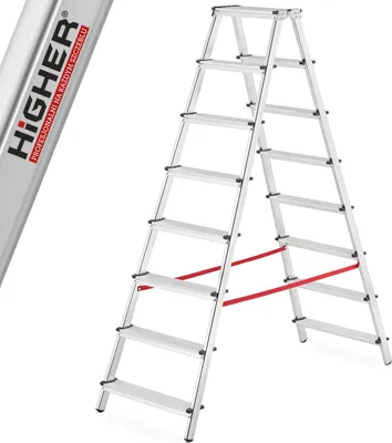 Zdjęcie produktu dla Drabina domowa aluminiowa dwustronna schodki składane HIGHER 2x8 125kg