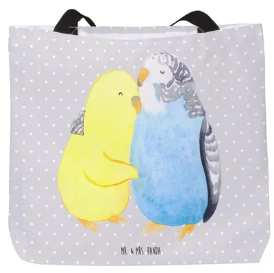 Produktbild von Mr. & Mrs. Panda Stoffbeutel Wellensittich Liebe - Grau Pastell - Geschenk, Tasche, Unitasche, Reisetasche, Vögel, glücklich, Freundin, Umarmen, Nähe, Pandatasche