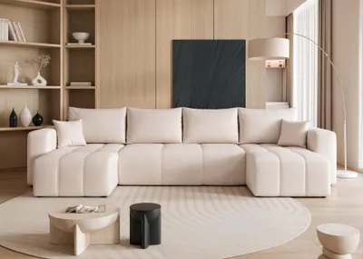 Image de Idohome – canapé d'angle moderne en U avec fonction couchage et surpiqûres, ensemble de canapés, canapé, canapé-lit, PEDRO U - couleur Crème Manila 01