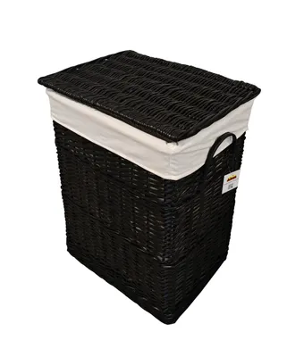 A black wicker laundry basket with a white liner and a lid, shown from a slightly elevated side angle against a white background.