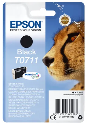 Immagine prodotto di Epson T0711 - 7 ml - Nero - Originale - Cartuccia d'inchiostro - per Stylus DX9400, SX115, SX210, SX215, SX218, SX415, SX515, SX610; Stylus Office BX310, BX610