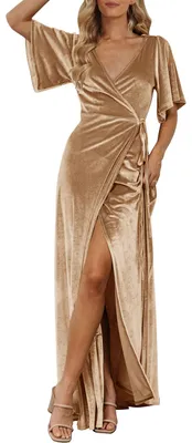 Produktbild von MEROKEETY Damen Maxikleid mit V-Ausschnitt, Wickelkleid, Samt, Glockenärmel, get