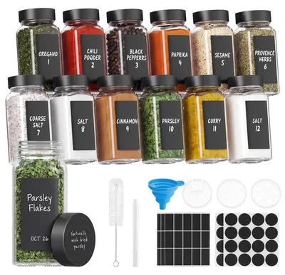 Productafbeelding van Kruidenpotjes glas - Set van 12 - 120 ml - Luchtdicht - Vierkant - Met strooideksels en etiketten - Zwarte deksels