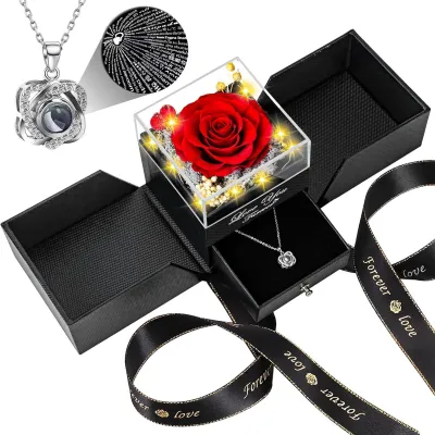 Echte Rose mit Herzkette – Ich liebe dich Geschenk für Frauen, rot
