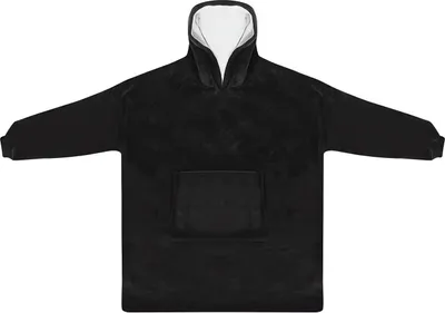 A black hooded blanket with a large front pocket is shown laid flat against a white background.