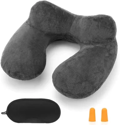 Obrázok produktu pre Nafukovací krčný vankúš, ergonomický, kompaktný, mäkký prateľný zamatový poťah, na cestovanie