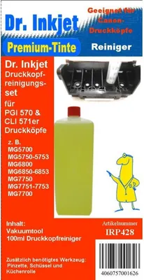 A product label for a printer head cleaning kit, showing the cleaning fluid bottle and a printer head.