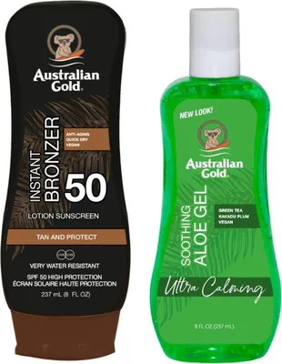 Productafbeelding van Australian Gold bruiningslotion SPF50 + Soothing Aloe aftersun gel 237 ml Bruiningsset