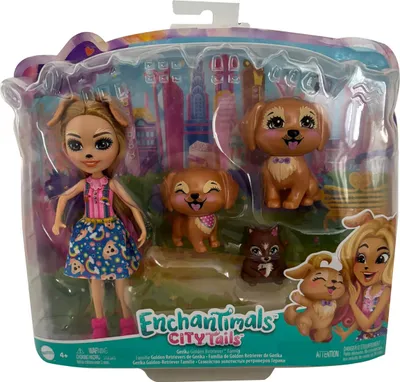 Obrázok produktu pre Enchantimals City Tails Gerika s dlhými vlasmi a zlatou retrieverskou rodinou, odnímateľná sukňa, 2 psy, veverička