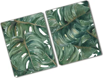 Produktbild von Tulup Glas Herdabdeckplatte - 2x40x52 cm - Glaskeramikkochfeld-Abdeckung Spritzschutz Glasabdeckplatte Kochplattenabdeckung und Schneidebrett - Zweiteilig - Blumen & Pflanzen - Monstera - Grün
