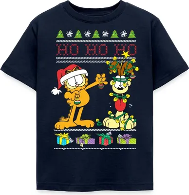 Produktbild von Spreadshirt Garfield Und Odie Hohoho Ugly Christmas Weihnachten Kinder T-Shirt, 98/104 (3-4 Jahre), Navy