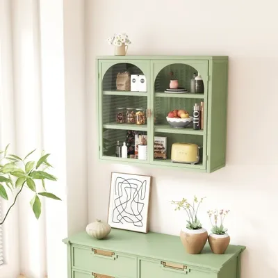Produktbild von Wandschrank 70x23x60cm Gruen Glastueren moderne 2-tuerige Aufbewahrung drei Regalen Wandschrank charakteristischem gewebtem Muster fuer Flur Wohnzimmer