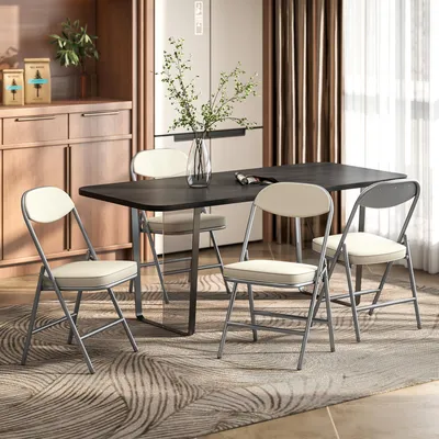 Produktbild von Klappstuhl 4er Set gepolstert, Esszimmerstuhl klappbar mit Cordbezug, Faltbarer Stuhl Metallrahmen, Cremeweiß | 48,5 x 45 x 82 cm | 120 kg