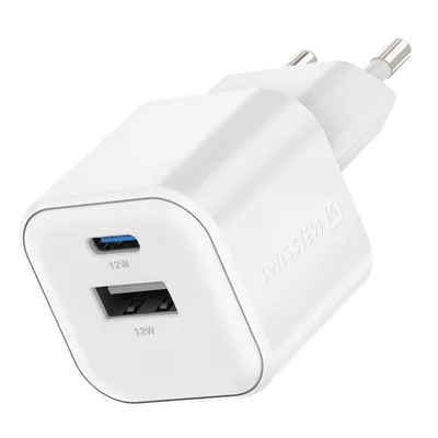A white USB-C and USB wall charger with two ports.